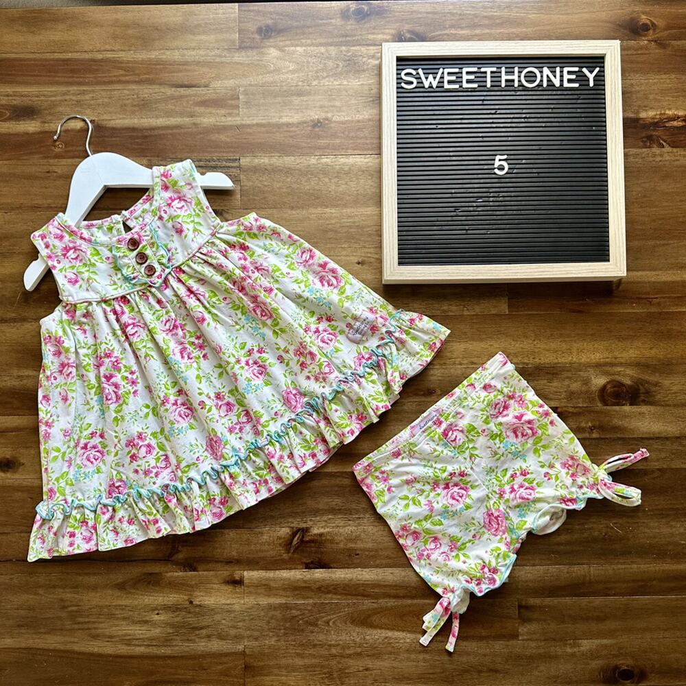 SweetHoney OG Out To Play Set Tunic Shorts Dainty Cake Floral Sleeveless Cream 5